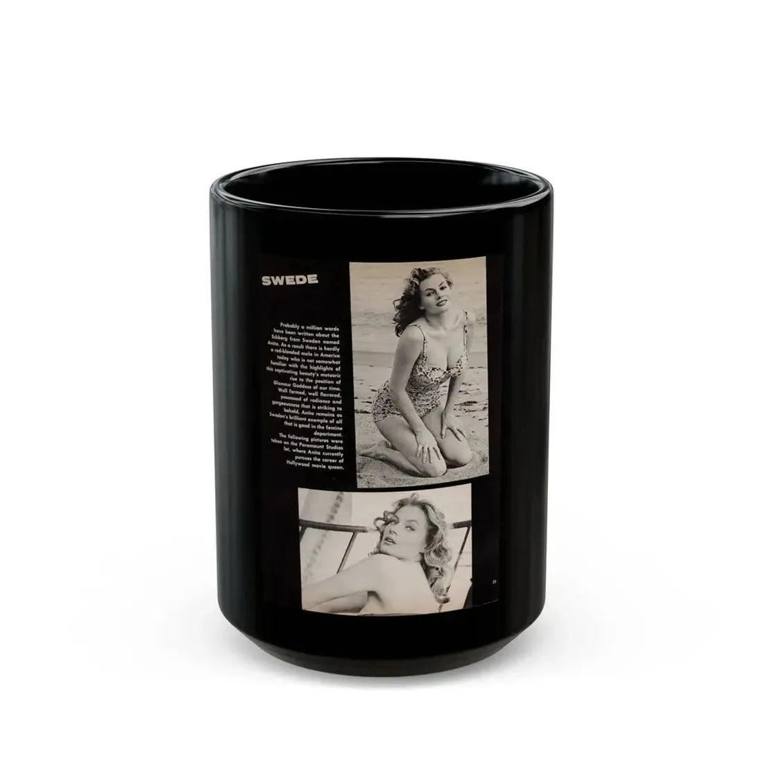 Anita Ekberg #450 - 1 Page, 2 B&W Photos, Headline & Short Article from After Hours Vol. 1, No. 4 '57 Mag. (Vintage Female Icon) Black Coffee Mug 15oz - Go Mug Yourself
