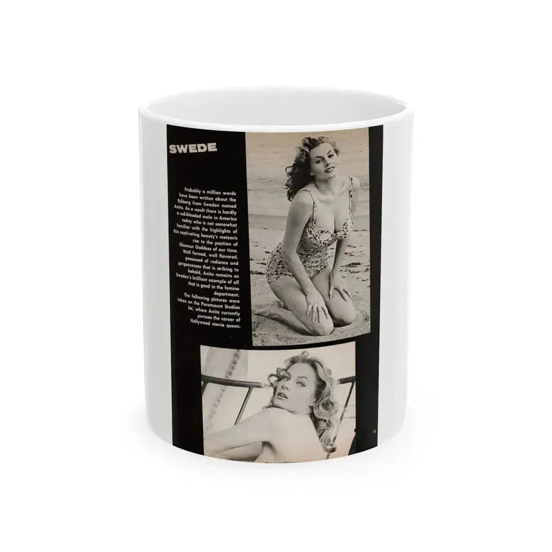 Anita Ekberg #450 - 1 Page, 2 B&W Photos, Headline & Short Article from After Hours Vol. 1, No. 4 '57 Mag. (Vintage Female Icon) White Coffee Mug 11oz - Go Mug Yourself