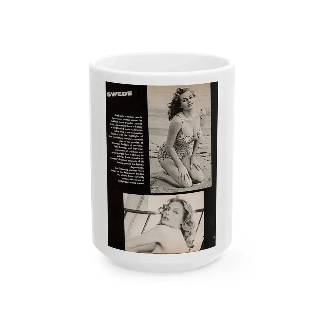 Anita Ekberg #450 - 1 Page, 2 B&W Photos, Headline & Short Article from After Hours Vol. 1, No. 4 '57 Mag. (Vintage Female Icon) White Coffee Mug 15oz - Go Mug Yourself