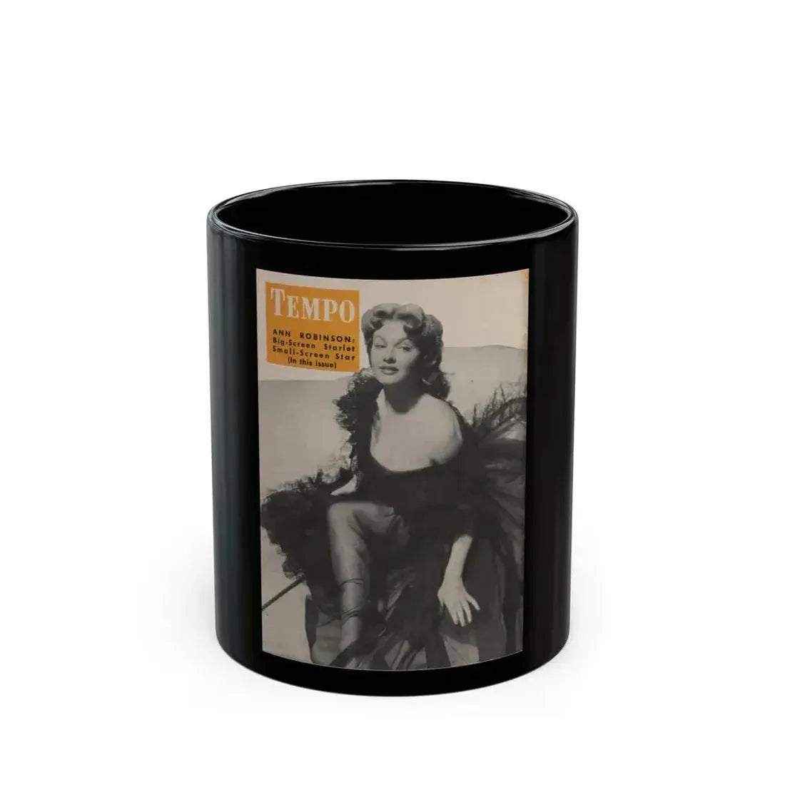 Ann Robinson #18 - Ann on Back Cover in B&W from TEMPO Pocket Mag. 11-29-55 (Vintage Female Icon) Black Coffee Mug 11oz - Go Mug Yourself