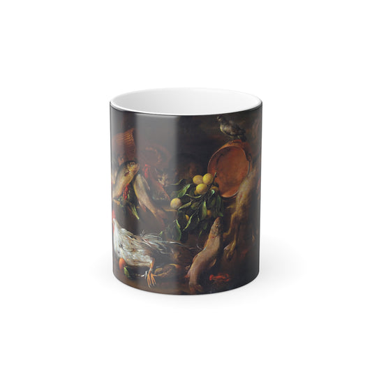 Antonio Maria Vassallo (c1620-1672) Still life of fish, game and fruit on a ledge by a cockerel - Oil on-0 - Color Changing Mug 11oz-11oz-Go Mug Yourself