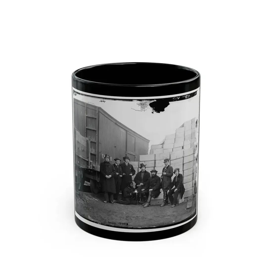 Aquia Creek Landing, Va. Clerks Of The Commissary Depot By Railroad Car And Packing Cases (U.S. Civil War) Black Coffee Mug 11oz - Go Mug Yourself
