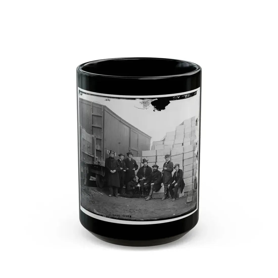 Aquia Creek Landing, Va. Clerks Of The Commissary Depot By Railroad Car And Packing Cases (U.S. Civil War) Black Coffee Mug 15oz - Go Mug Yourself