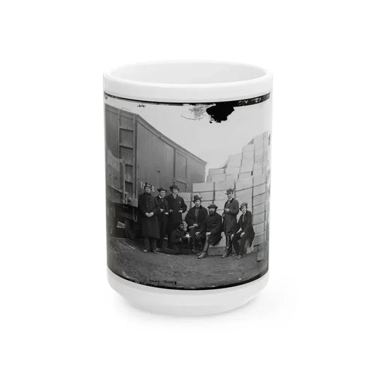 Aquia Creek Landing, Va. Clerks Of The Commissary Depot By Railroad Car And Packing Cases (U.S. Civil War) White Coffee Mug 15oz - Go Mug Yourself