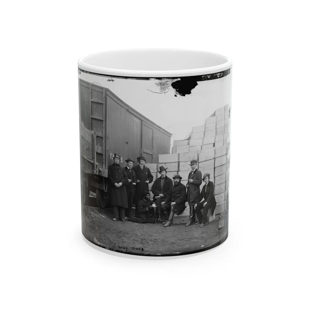 Aquia Creek Landing, Va. Clerks Of The Commissary Depot By Railroad Car And Packing Cases (U.S. Civil War) White Coffee Mug-11oz-Go Mug Yourself