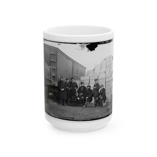 Aquia Creek Landing, Va. Clerks Of The Commissary Depot By Railroad Car And Packing Cases (U.S. Civil War) White Coffee Mug-15oz-Go Mug Yourself