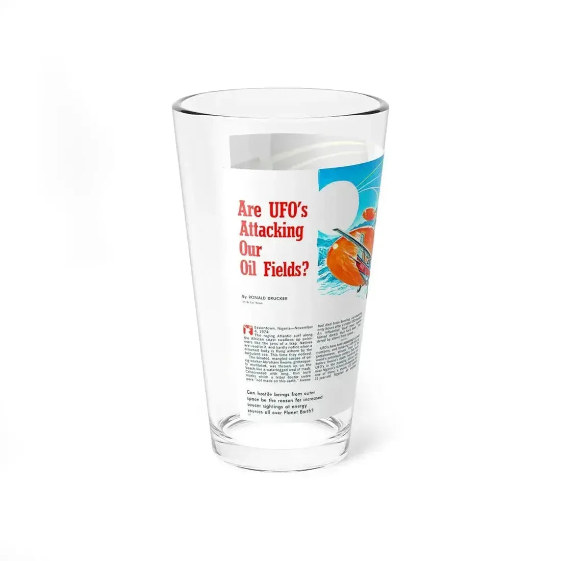 Are UFO's Attacking Our Oil Fields, Stag magazine, May 1975 (Magazine Illustration) Pint Glass 16oz - Go Mug Yourself
