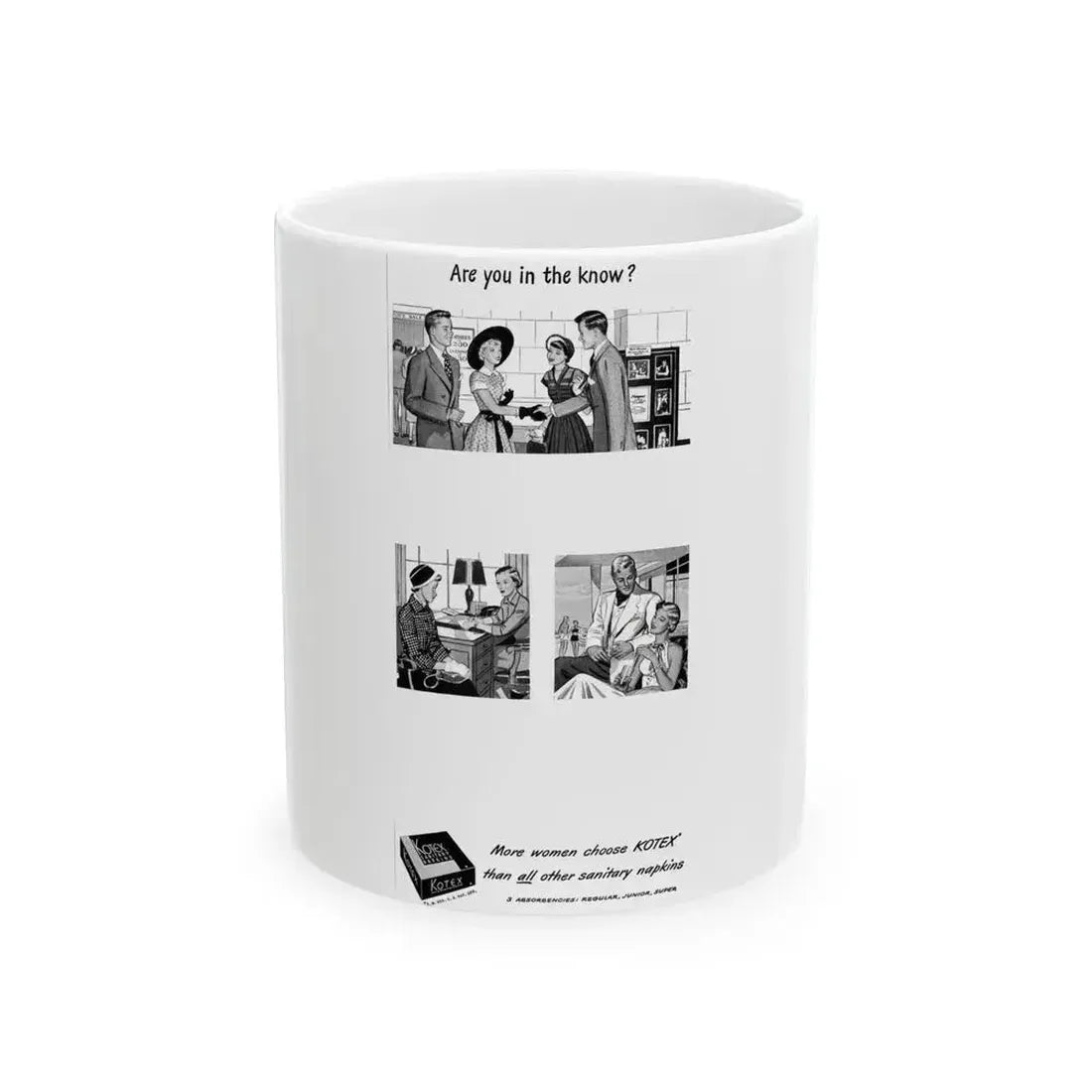 Are you in the know, Kotex ad, Redbook, September 1950 - White Coffee Mug 11oz - Go Mug Yourself