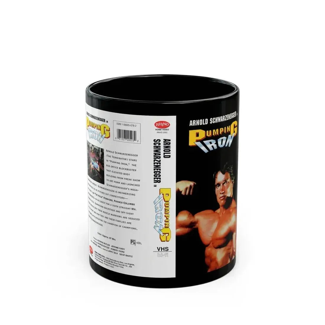 ARNOLD SCHWARZENEGGER IN PUMPING IRON RHINO HOME VIDEO (VHS COVER) - Black Coffee Mug 11oz - Go Mug Yourself