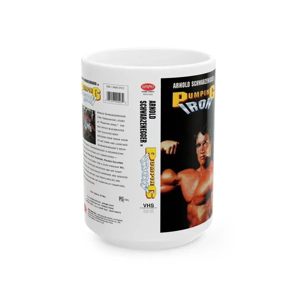 ARNOLD SCHWARZENEGGER IN PUMPING IRON RHINO HOME VIDEO (VHS COVER) - White Coffee Mug 15oz - Go Mug Yourself