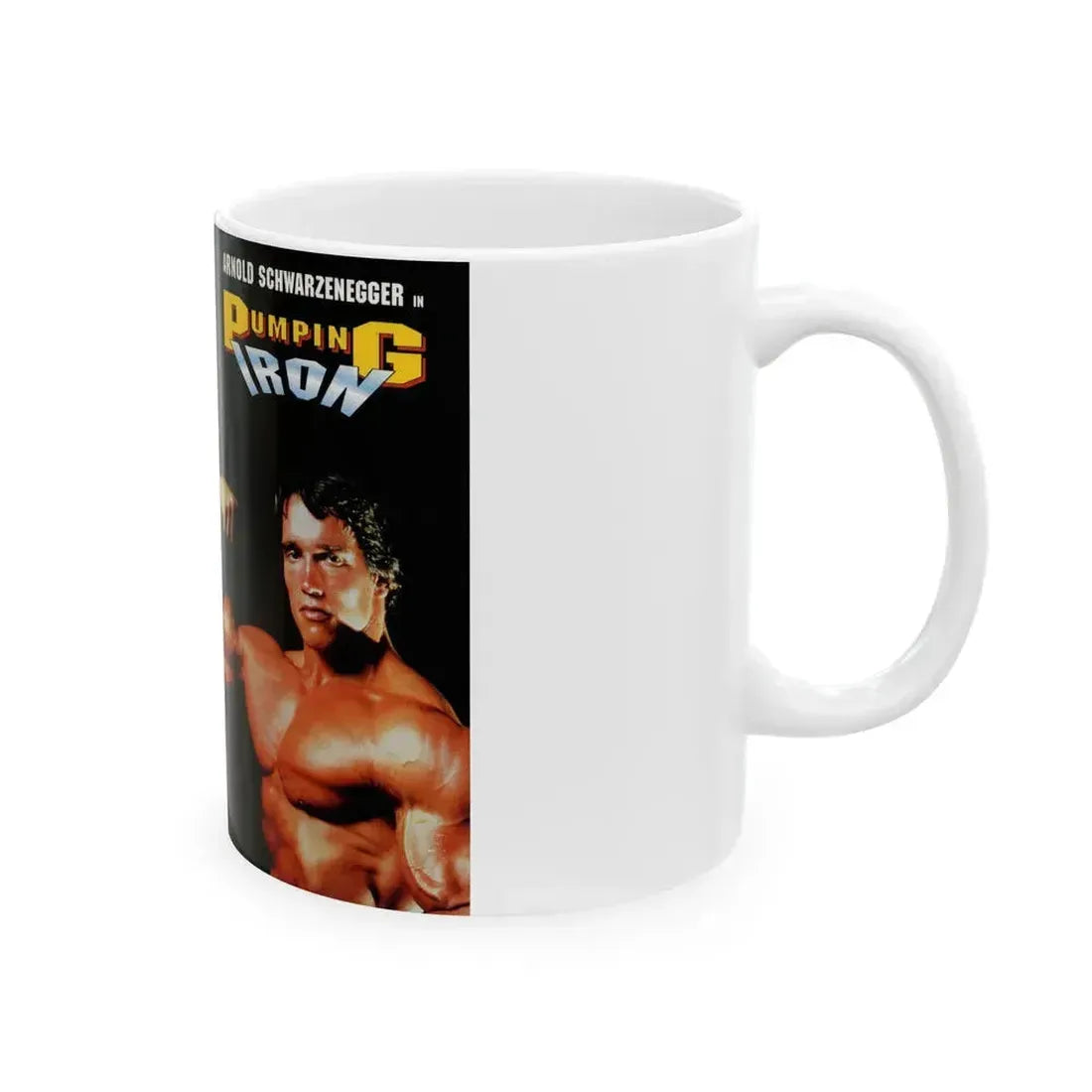 ARNOLD SCHWARZENEGGER IN PUMPING IRON RHINO HOME VIDEO (VHS COVER) - White Coffee Mug - Go Mug Yourself