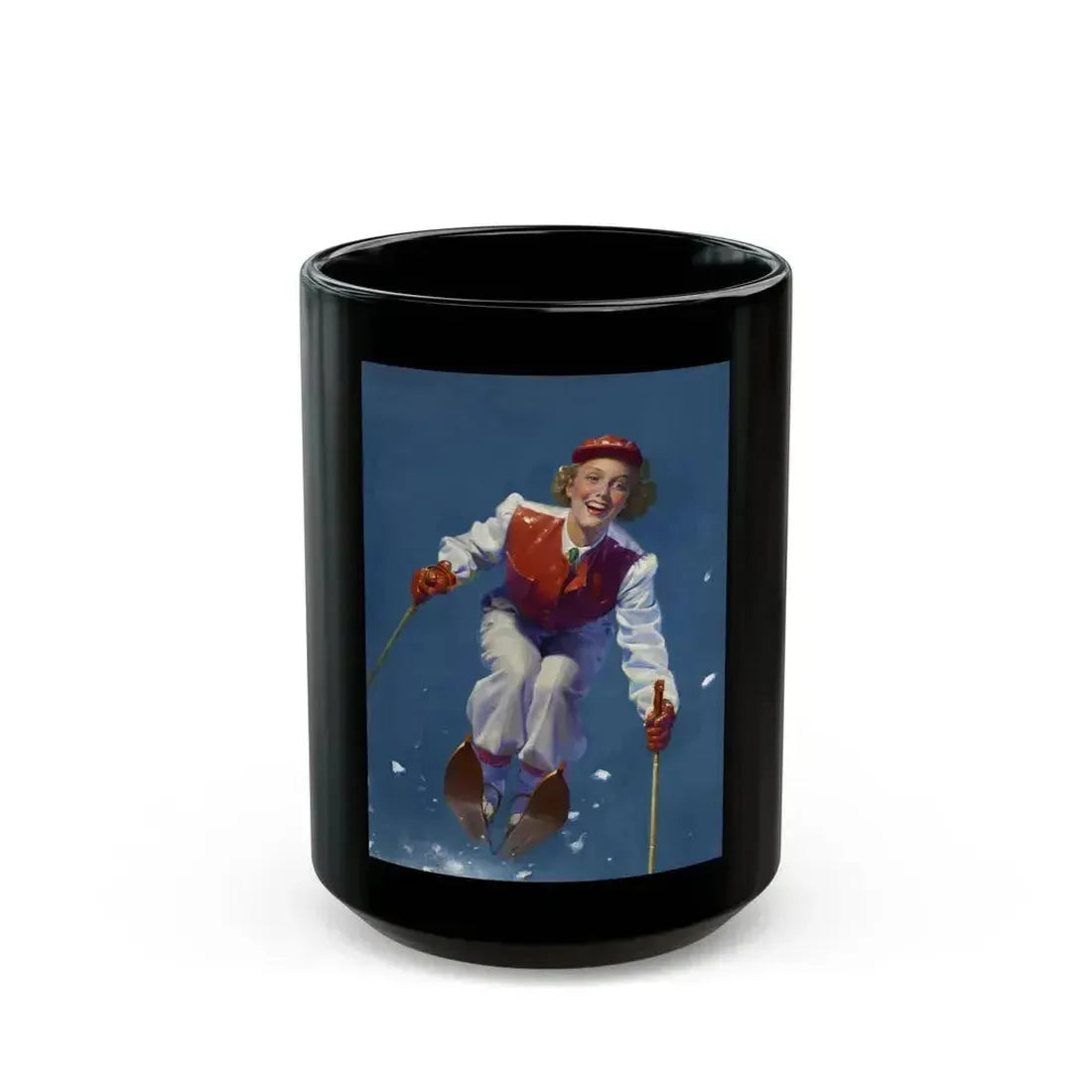 Art Deco Era Woman Skier, magazine cover, circa 1933-1938 - Black Coffee Mug 15oz - Go Mug Yourself