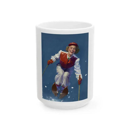 Art Deco Era Woman Skier, magazine cover, circa 1933-1938 - White Coffee Mug 15oz - Go Mug Yourself