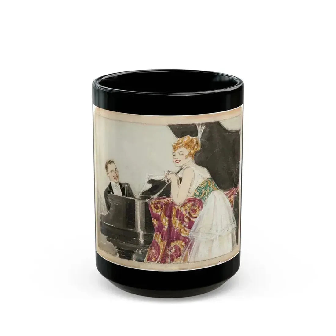 At the Piano Illustration (c. 1910s) - Black Coffee Mug 15oz - Go Mug Yourself