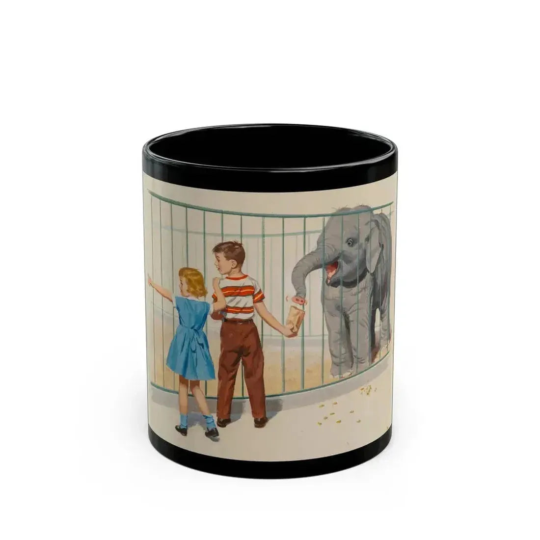 At the Zoo, Dick and Jane illustration - Black Coffee Mug 11oz - Go Mug Yourself