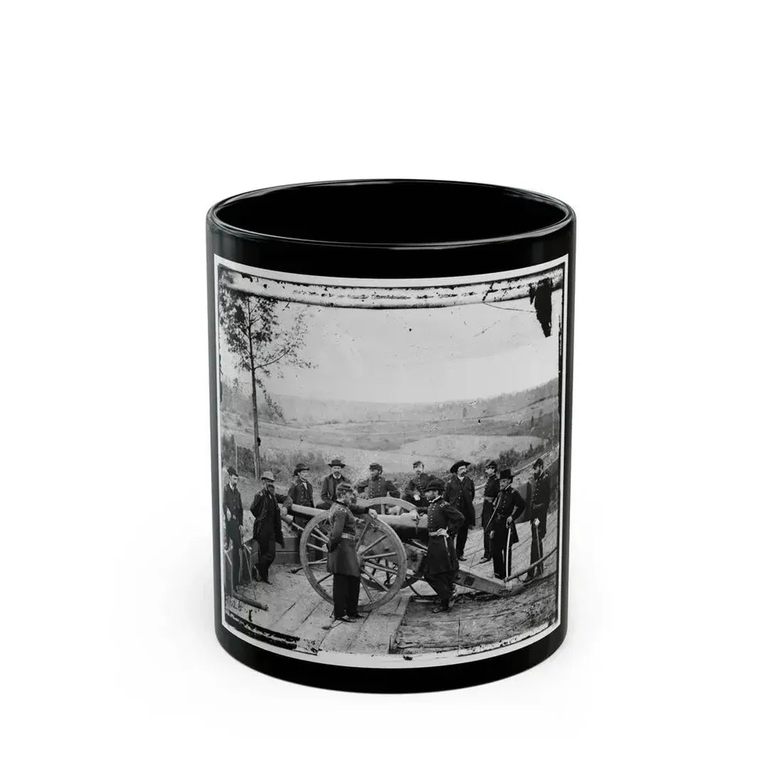 Atlanta, Ga. Gen. William T. Sherman, Leaning On Breach Of Gun, And Staff At Federal Fort No. 7 (U.S. Civil War) Black Coffee Mug 11oz - Go Mug Yourself