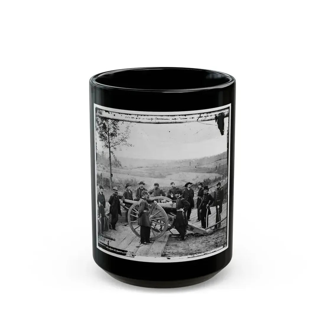 Atlanta, Ga. Gen. William T. Sherman, Leaning On Breach Of Gun, And Staff At Federal Fort No. 7 (U.S. Civil War) Black Coffee Mug 15oz - Go Mug Yourself