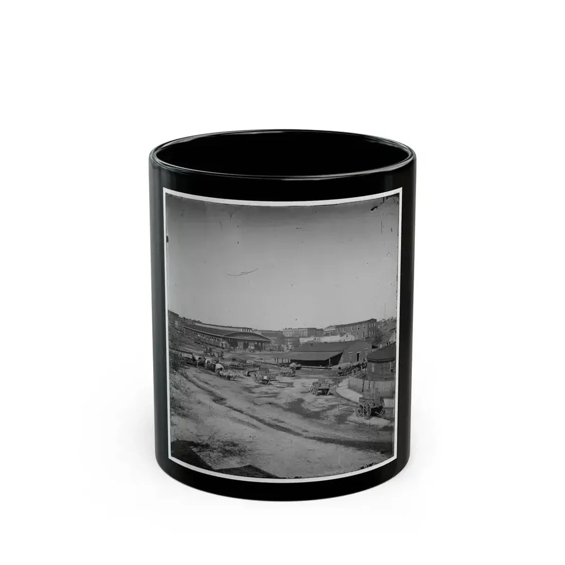 Atlanta, Ga. Railroad Depot And Yard; Trout House And Masonic Hall In Background (U.S. Civil War) Black Coffee Mug 11oz - Go Mug Yourself
