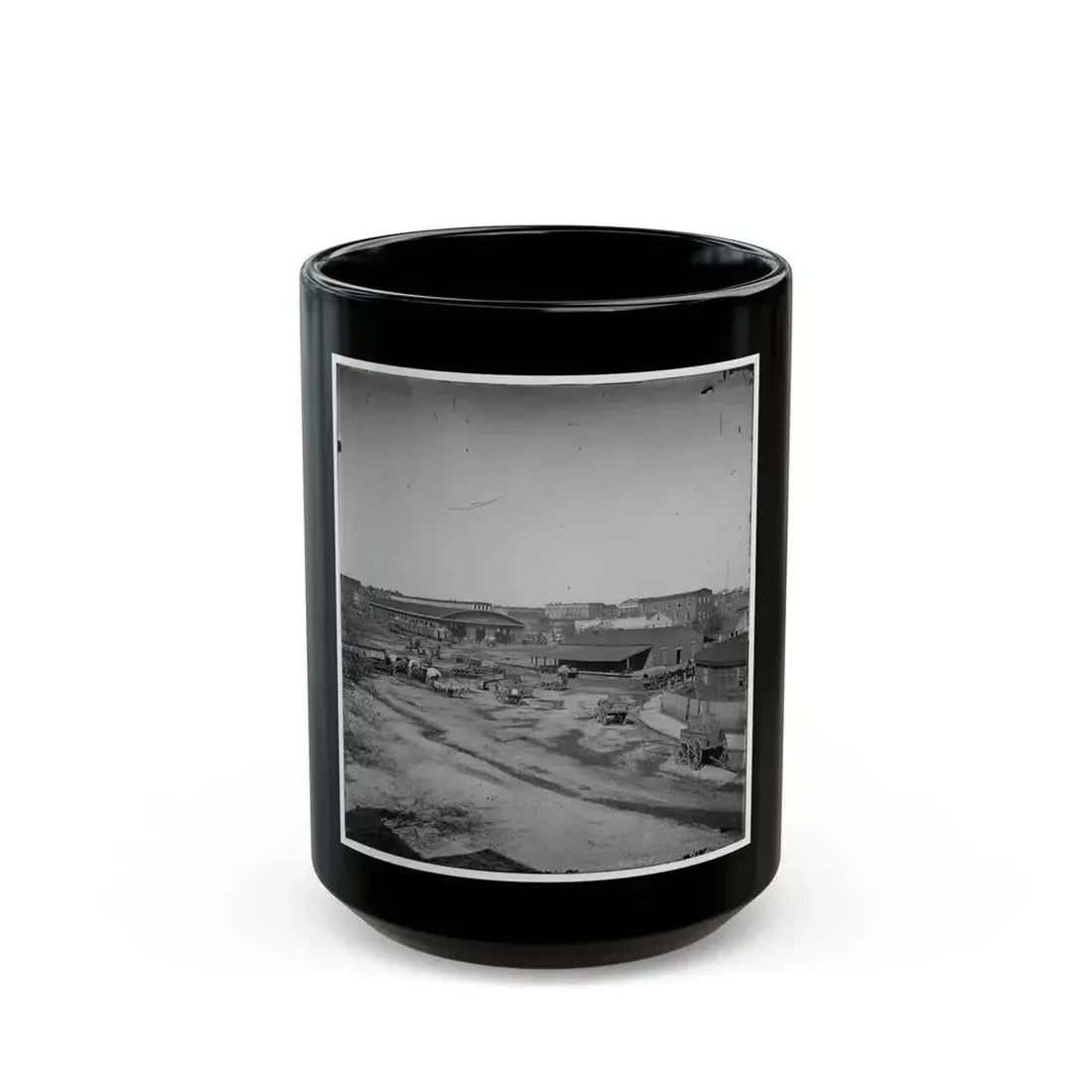 Atlanta, Ga. Railroad Depot And Yard; Trout House And Masonic Hall In Background (U.S. Civil War) Black Coffee Mug 15oz - Go Mug Yourself
