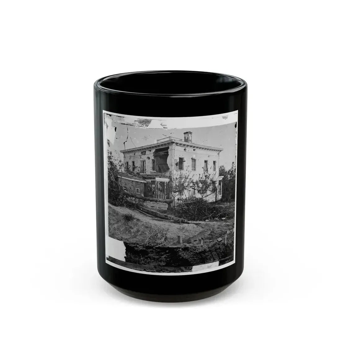 Atlanta, Ga. The Shell-Damaged Ponder House (U.S. Civil War) Black Coffee Mug 15oz - Go Mug Yourself