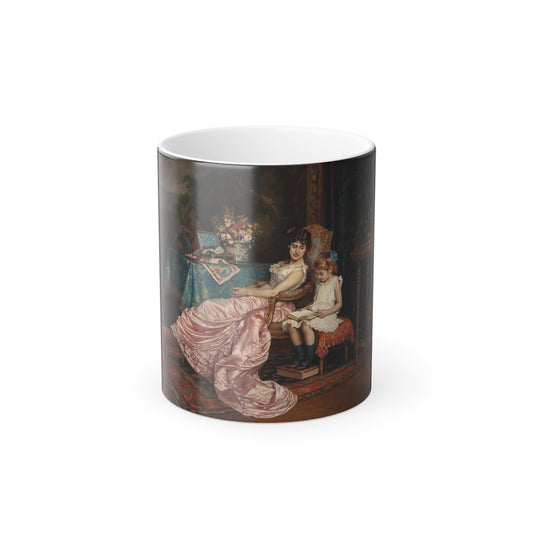 Auguste Toulmouche (1829-1890) A Mother and Daughter Reading - Oil on Canvas 1882 - Color Changing Mug 11oz-11oz-Go Mug Yourself