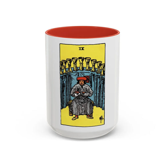 The 9 of Cups (Tarot Card) Accent Coffee Mug-15oz-Red-Go Mug Yourself