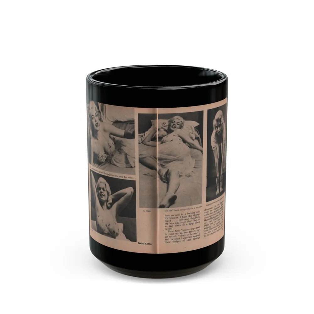 Jayne Mansfield #186 - 2 Pages, 4 B&W Photos, Captions & Article from Foto-rama Digest Mag. Dec. '56 (Vintage Female Icon) Black Coffee Mug-15oz-Go Mug Yourself