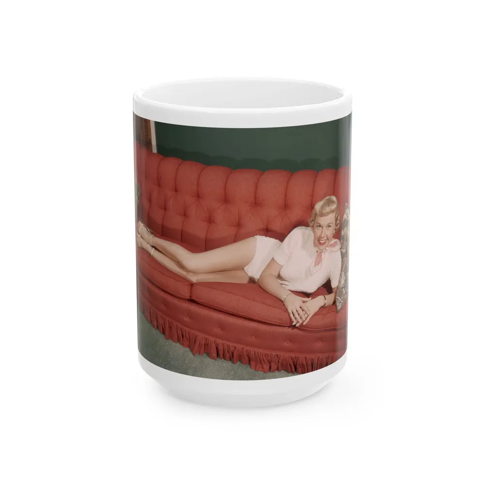 Doris Day #62 - Beautiful Feet & Red Painted Toes in White Thong Sandals (Vintage Female Icon) White Coffee Mug-15oz-Go Mug Yourself