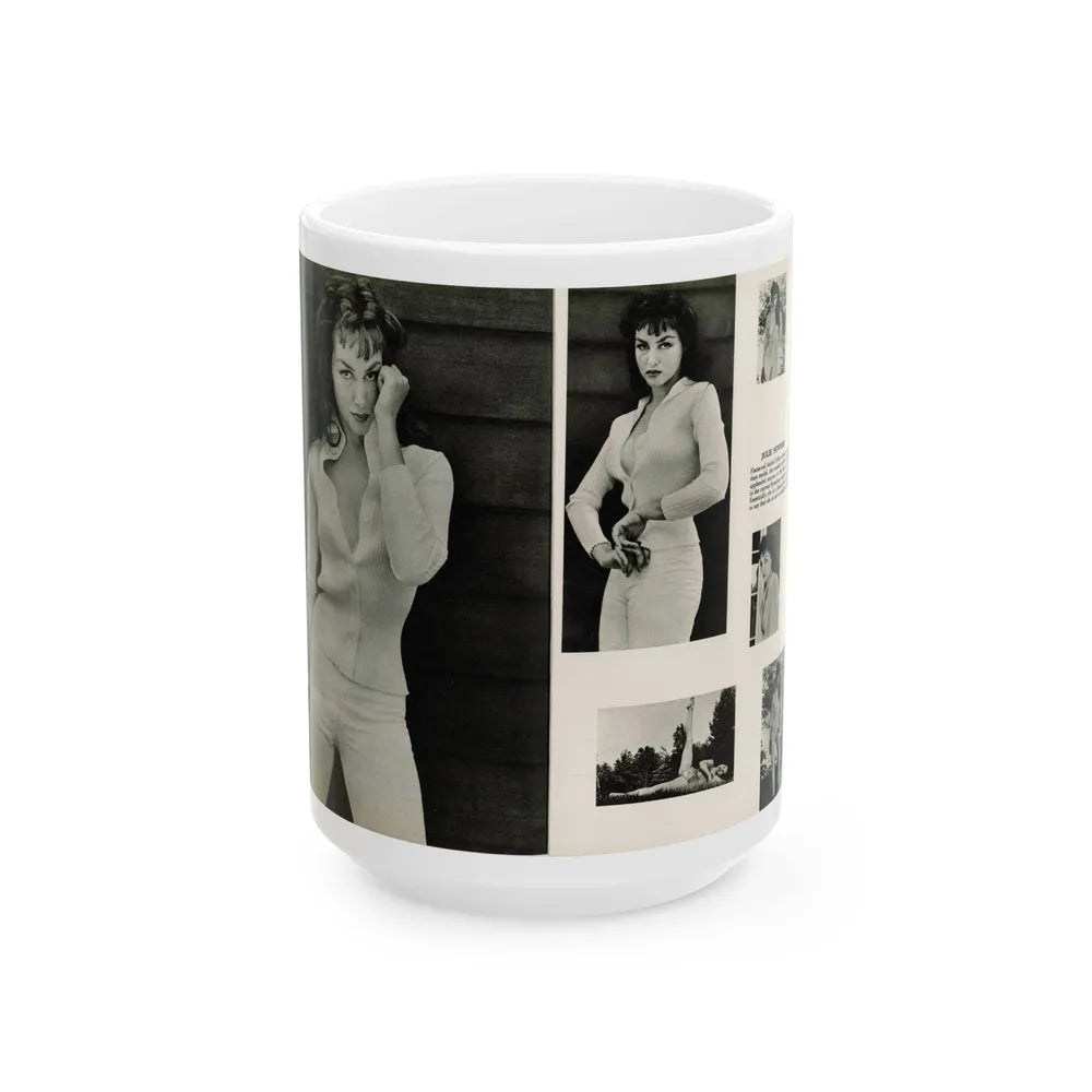 Julie Newmar #454 - Pages 44-45 Pages 1 & 2 of 2 with, Julie+6 B&W Photos & Caption from Bachelor Pin-Ups Issue #01 Mag. '57 (Vintage Female Icon) White Coffee Mug-15oz-Go Mug Yourself