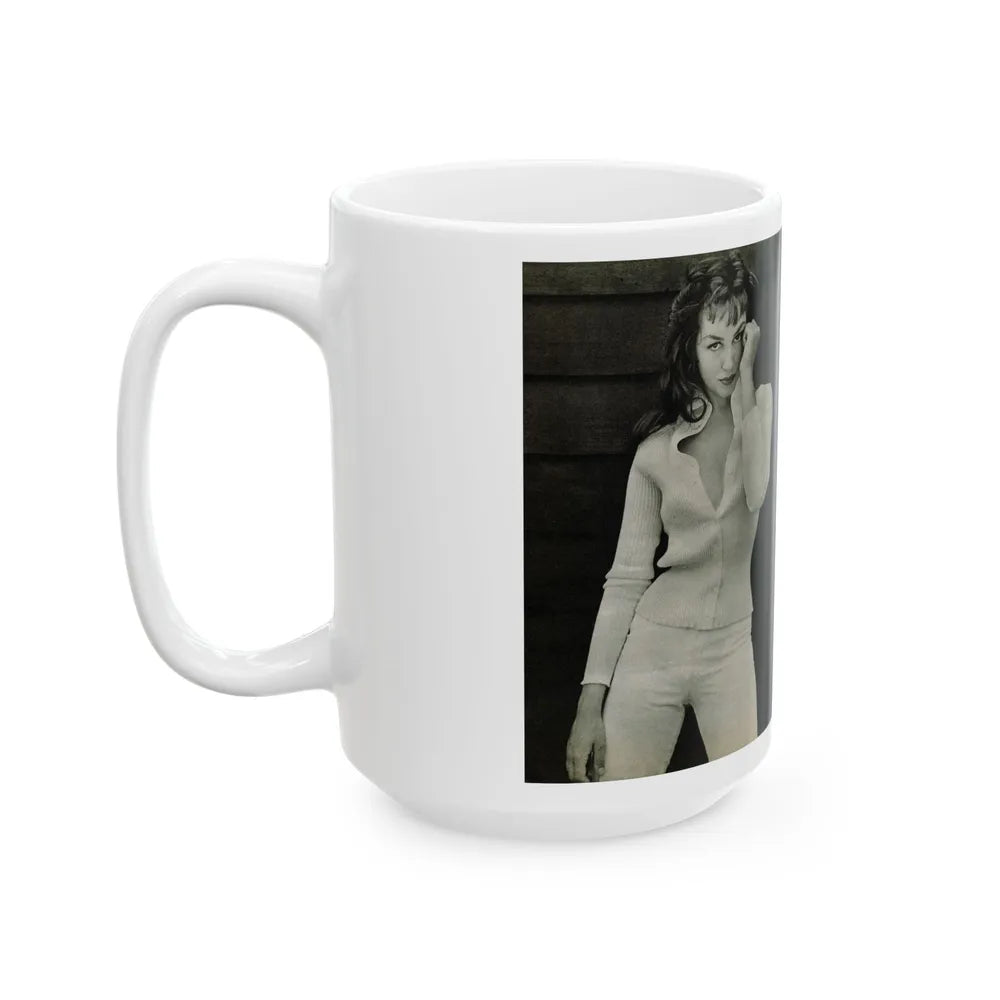 Julie Newmar #454 - Pages 44-45 Pages 1 & 2 of 2 with, Julie+6 B&W Photos & Caption from Bachelor Pin-Ups Issue #01 Mag. '57 (Vintage Female Icon) White Coffee Mug-Go Mug Yourself