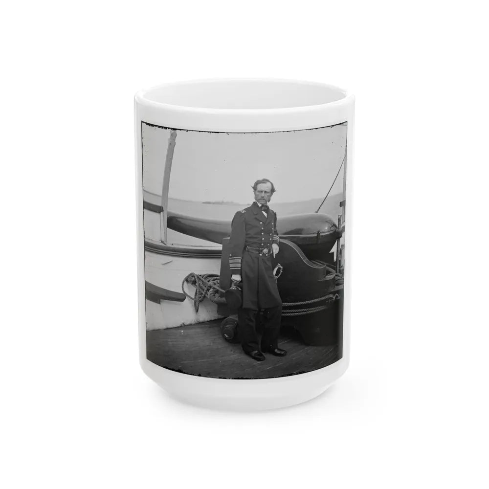 Charleston Harbor, S.C. Rear Admiral John A. Dahlgren Standing By A Dahlgren Gun On Deck Of U.S.S. Pawnee (U.S. Civil War) White Coffee Mug-15oz-Go Mug Yourself