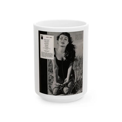 Julie Newmar #500 - Reverse side of front cover Intro to Julie with, 1 Full Page B&W Photo from Nugget Magazine July '57 (Vintage Female Icon) White Coffee Mug-15oz-Go Mug Yourself