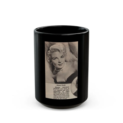 Sheree North #342 - 2.5x4.25 Small B&W Glamour Portriat Clipping with, Caption from 1950's Movie Star Magazine (Vintage Female Icon) Black Coffee Mug-15oz-Go Mug Yourself