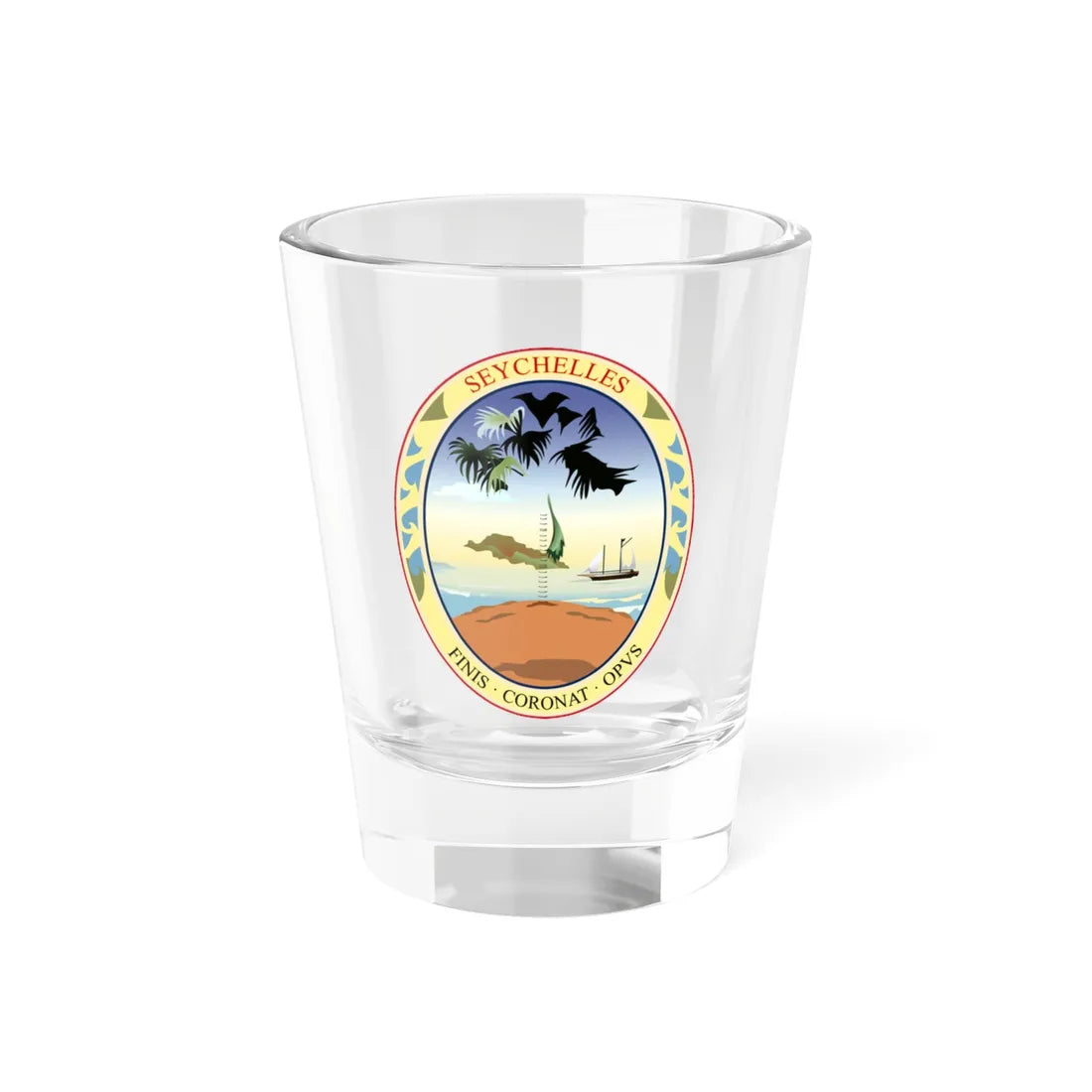Badge of Seychelles 1961-1976 (Seychelles) (Coat of Arms) Shot Glass 1.5oz 1.5oz - Go Mug Yourself
