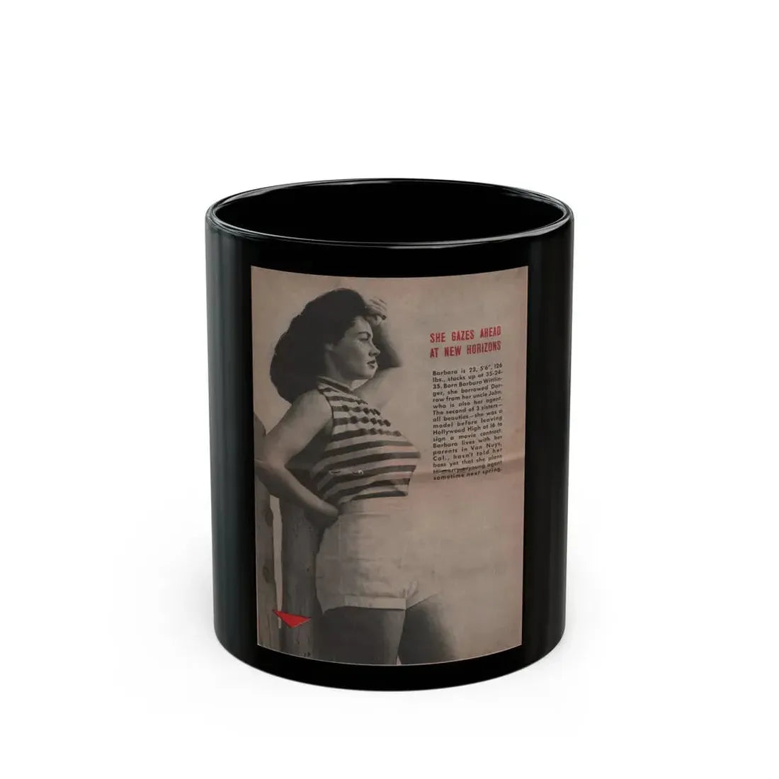 Barbara Darrow #28 - 1 B&W Centerfold Photo & Small Article from People Pocket Mag. 12-29-54 (Vintage Female Icon) Black Coffee Mug 11oz - Go Mug Yourself