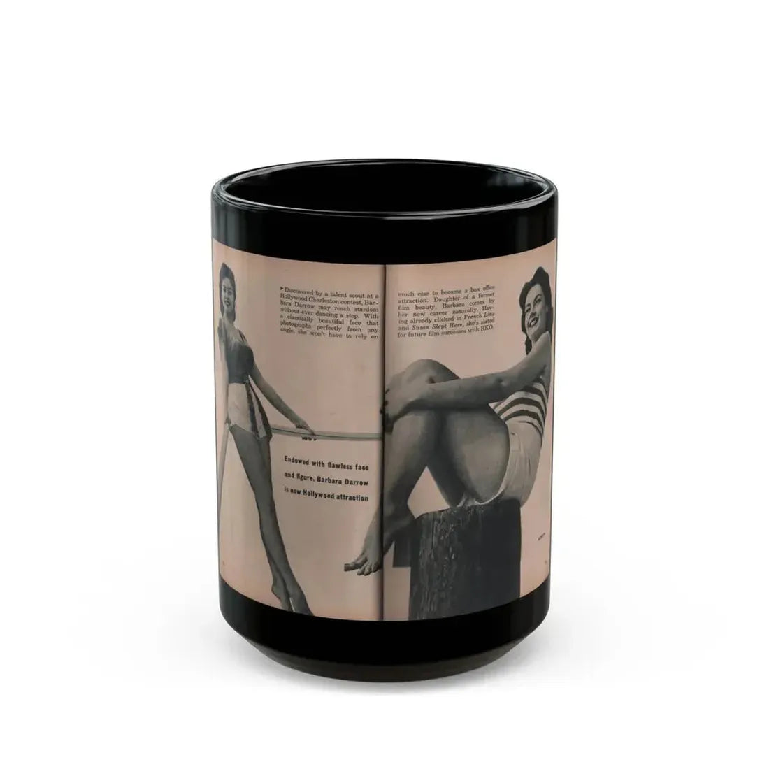 Barbara Darrow #34 - 2 B&W Photos, Caption & Short Article from PHOTO Digest Mag. Dec. '54 (Vintage Female Icon) Black Coffee Mug 15oz - Go Mug Yourself