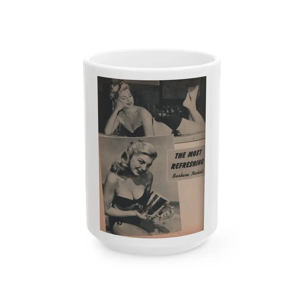 Barbara Nichols #388 - Page 2 of 2 with, 2 B&W Photos from Famous Models Mag. May-June '51 (Vintage Female Icon) White Coffee Mug 15oz - Go Mug Yourself
