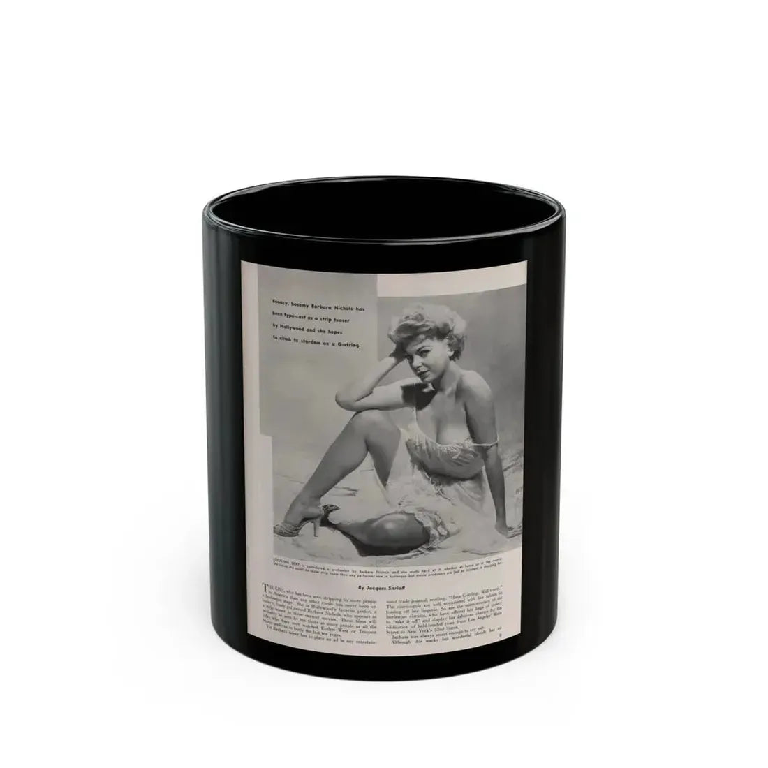 Barbara Nichols #405 - 1 Page, 1 B&W Photo & Article from Modern Man Mag. Sept. '56 (Vintage Female Icon) Black Coffee Mug 11oz - Go Mug Yourself