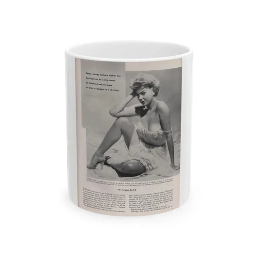 Barbara Nichols #405 - 1 Page, 1 B&W Photo & Article from Modern Man Mag. Sept. '56 (Vintage Female Icon) White Coffee Mug 11oz - Go Mug Yourself