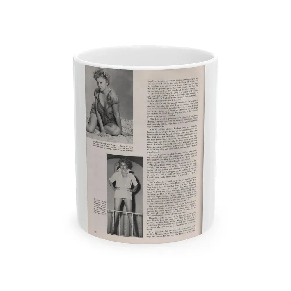 Barbara Nichols #406 - 1 Page, 2 B&W Photos & Article Continued from Modern Man Mag. Sept. '56 (Vintage Female Icon) White Coffee Mug 11oz - Go Mug Yourself