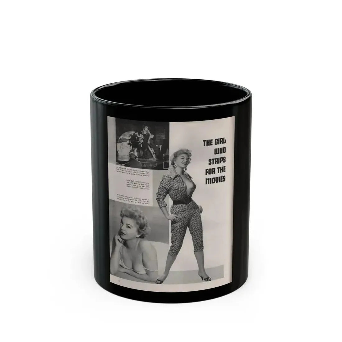 Barbara Nichols #407 - 1 Page, 3 B&W Photos & Captions from Modern Man Mag. Sept. '56 (Vintage Female Icon) Black Coffee Mug 11oz - Go Mug Yourself