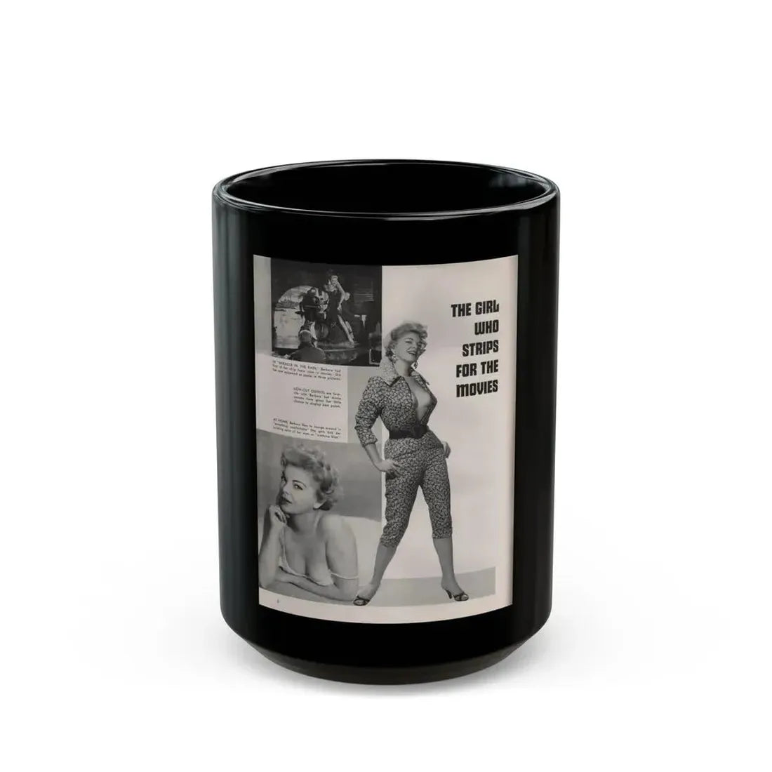 Barbara Nichols #407 - 1 Page, 3 B&W Photos & Captions from Modern Man Mag. Sept. '56 (Vintage Female Icon) Black Coffee Mug 15oz - Go Mug Yourself