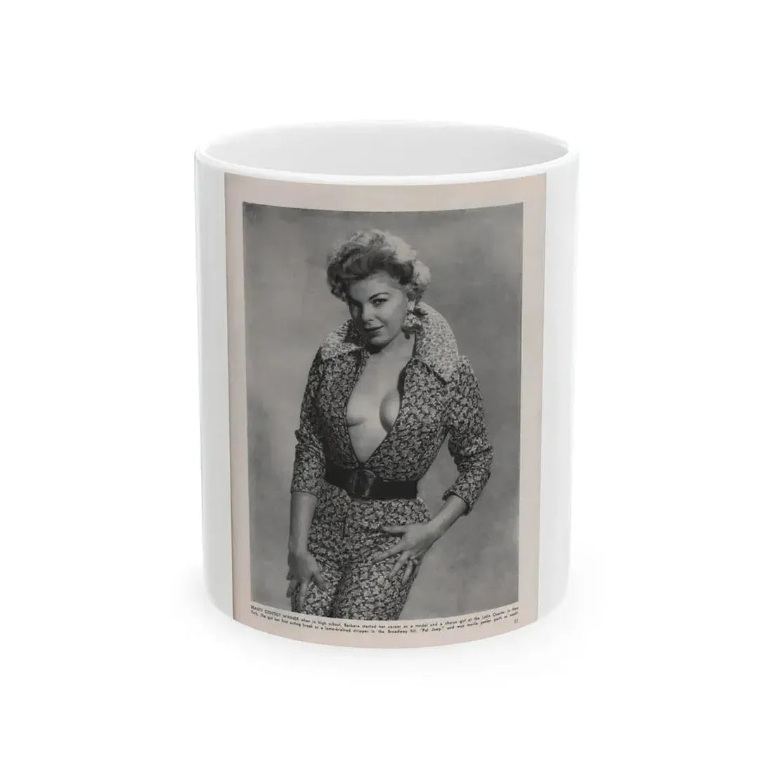 Barbara Nichols #408 - 1 Page, 2 B&W Photos & Article Continued from Modern Man Mag. Sept. '56 (Vintage Female Icon) White Coffee Mug 11oz - Go Mug Yourself