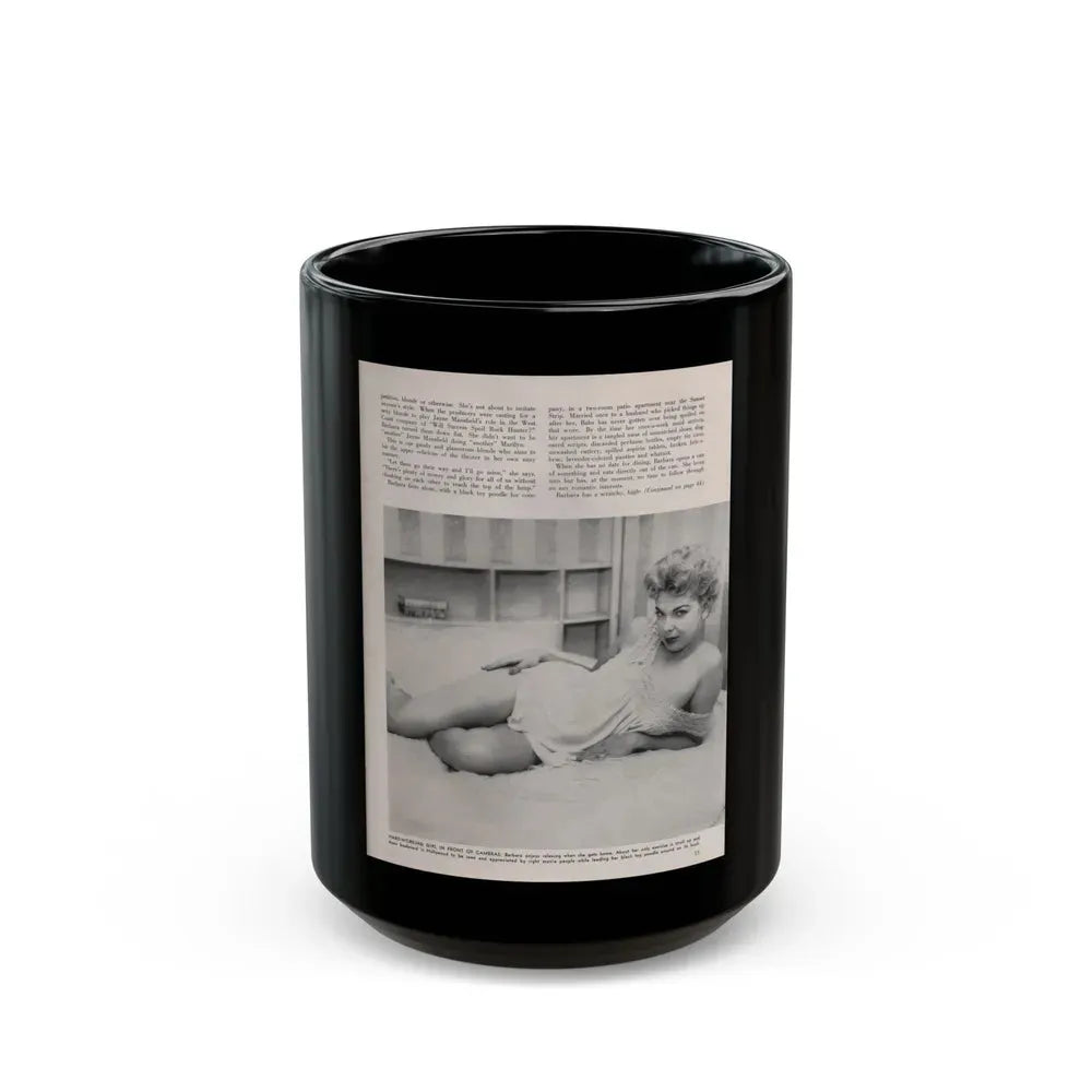 Barbara Nichols #410 - 1 Page, 1 B&W Photo & Article Continued from Modern Man Mag. Sept. '56 (Vintage Female Icon) Black Coffee Mug 15oz - Go Mug Yourself