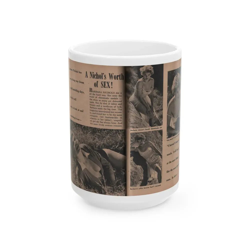 Barbara Nichols #412 - Page 1 & 2 of 4 with, 4 B&W Photos, Captions & Short Article from Photo Life Digest Mag. Feb. '59 (Vintage Female Icon) White Coffee Mug 15oz - Go Mug Yourself