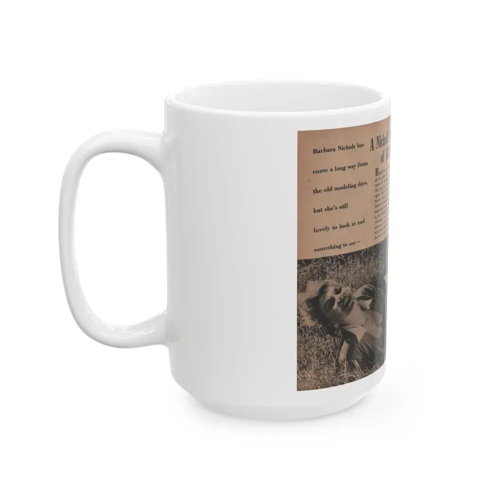 Barbara Nichols #412 - Page 1 & 2 of 4 with, 4 B&W Photos, Captions & Short Article from Photo Life Digest Mag. Feb. '59 (Vintage Female Icon) White Coffee Mug - Go Mug Yourself