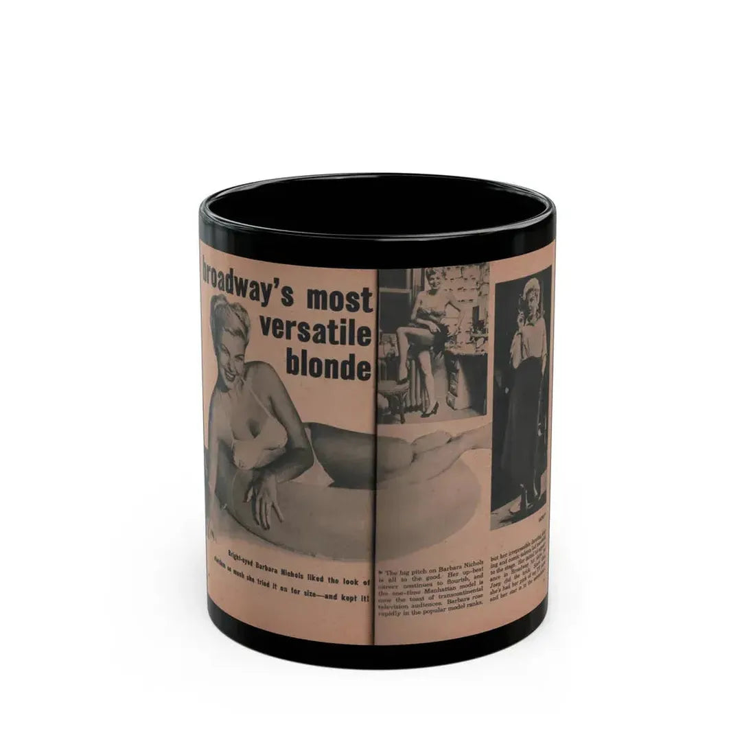 Barbara Nichols #414 - Page 1 & 2 of 10 with, 3 B&W Photos, Caption & Article from EYE Digest Mag. April '55 (Vintage Female Icon) Black Coffee Mug 11oz - Go Mug Yourself