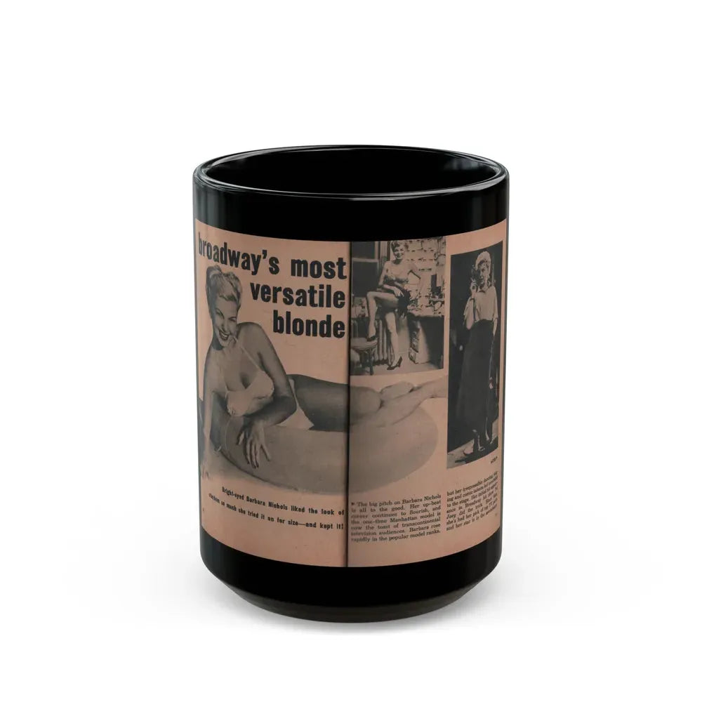 Barbara Nichols #414 - Page 1 & 2 of 10 with, 3 B&W Photos, Caption & Article from EYE Digest Mag. April '55 (Vintage Female Icon) Black Coffee Mug 15oz - Go Mug Yourself