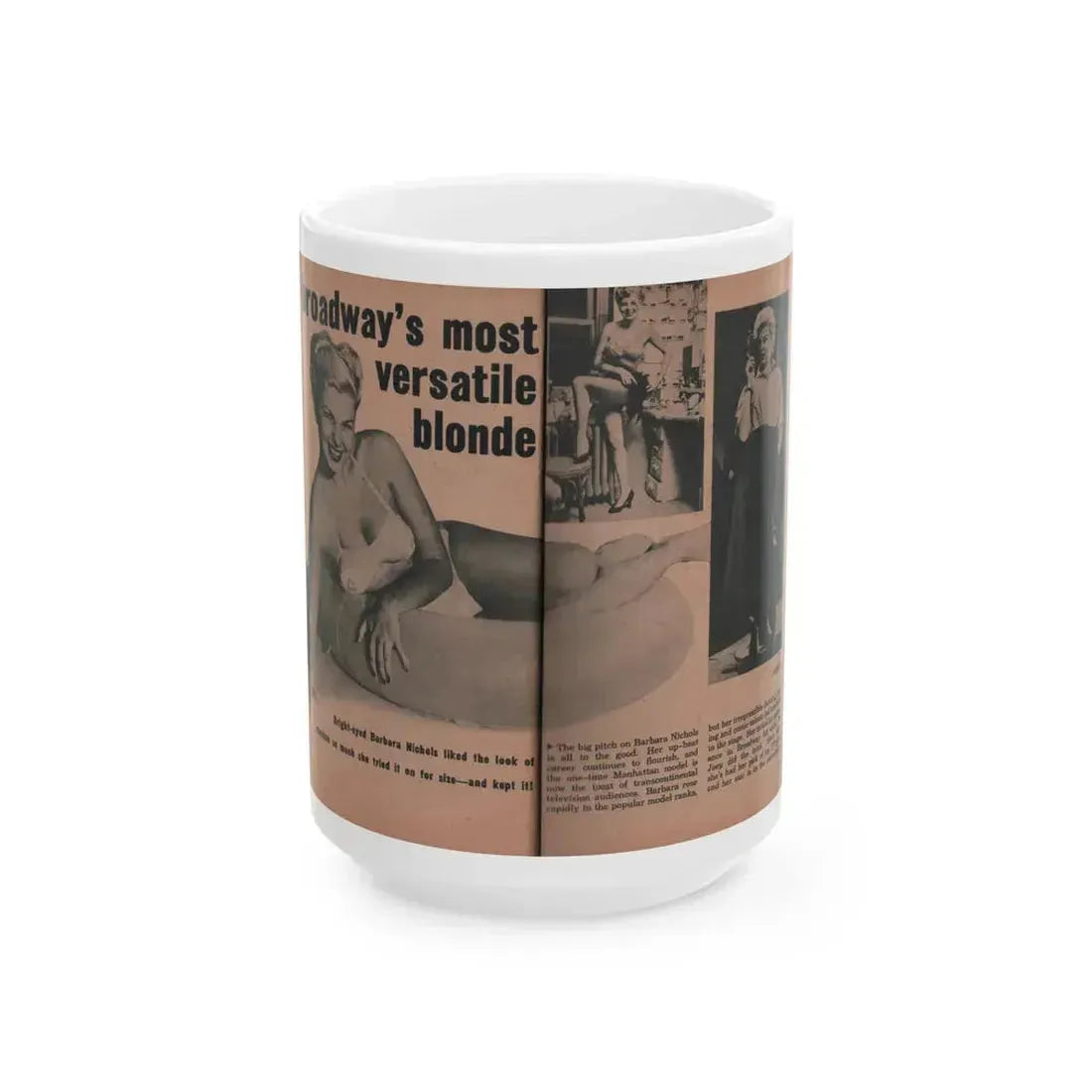 Barbara Nichols #414 - Page 1 & 2 of 10 with, 3 B&W Photos, Caption & Article from EYE Digest Mag. April '55 (Vintage Female Icon) White Coffee Mug 15oz - Go Mug Yourself