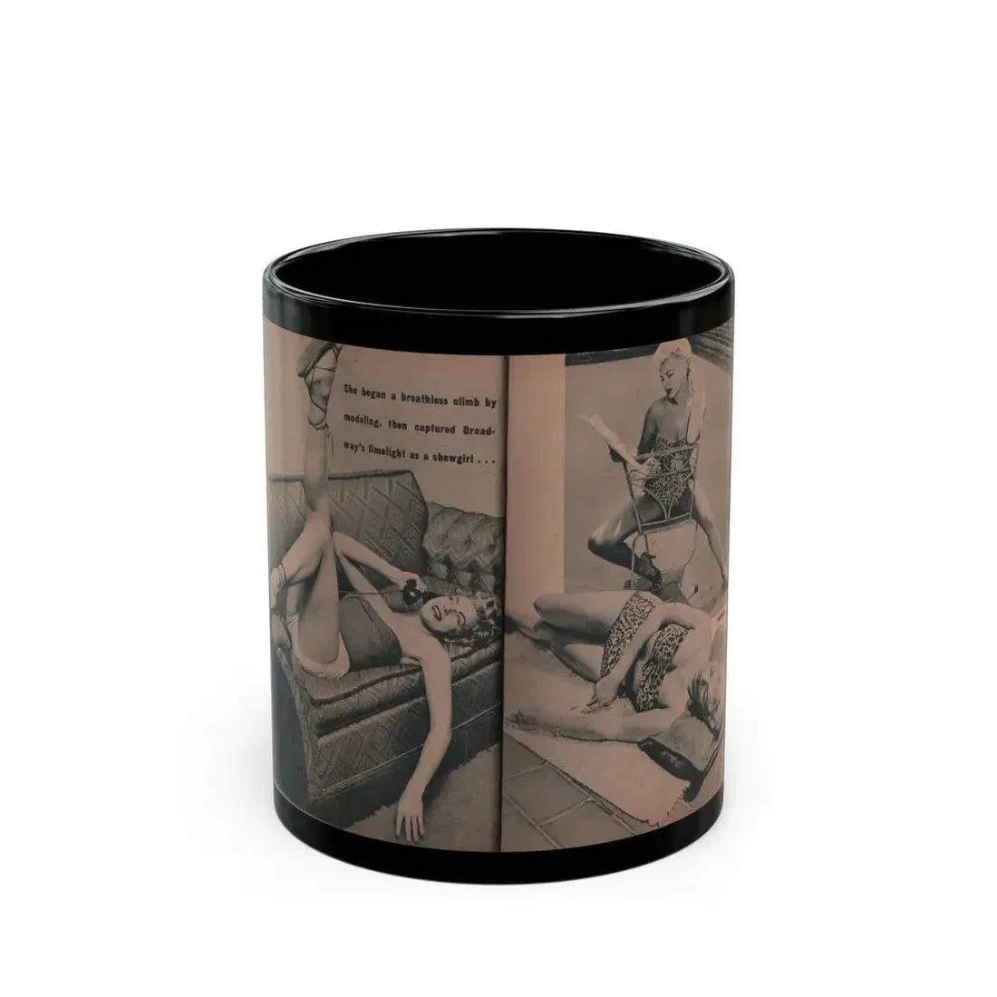 Barbara Nichols #415 - Page 3 & 4 of 10 with, 3 B&W Photos & Caption from EYE Digest Mag. April '55 (Vintage Female Icon) Black Coffee Mug 11oz - Go Mug Yourself